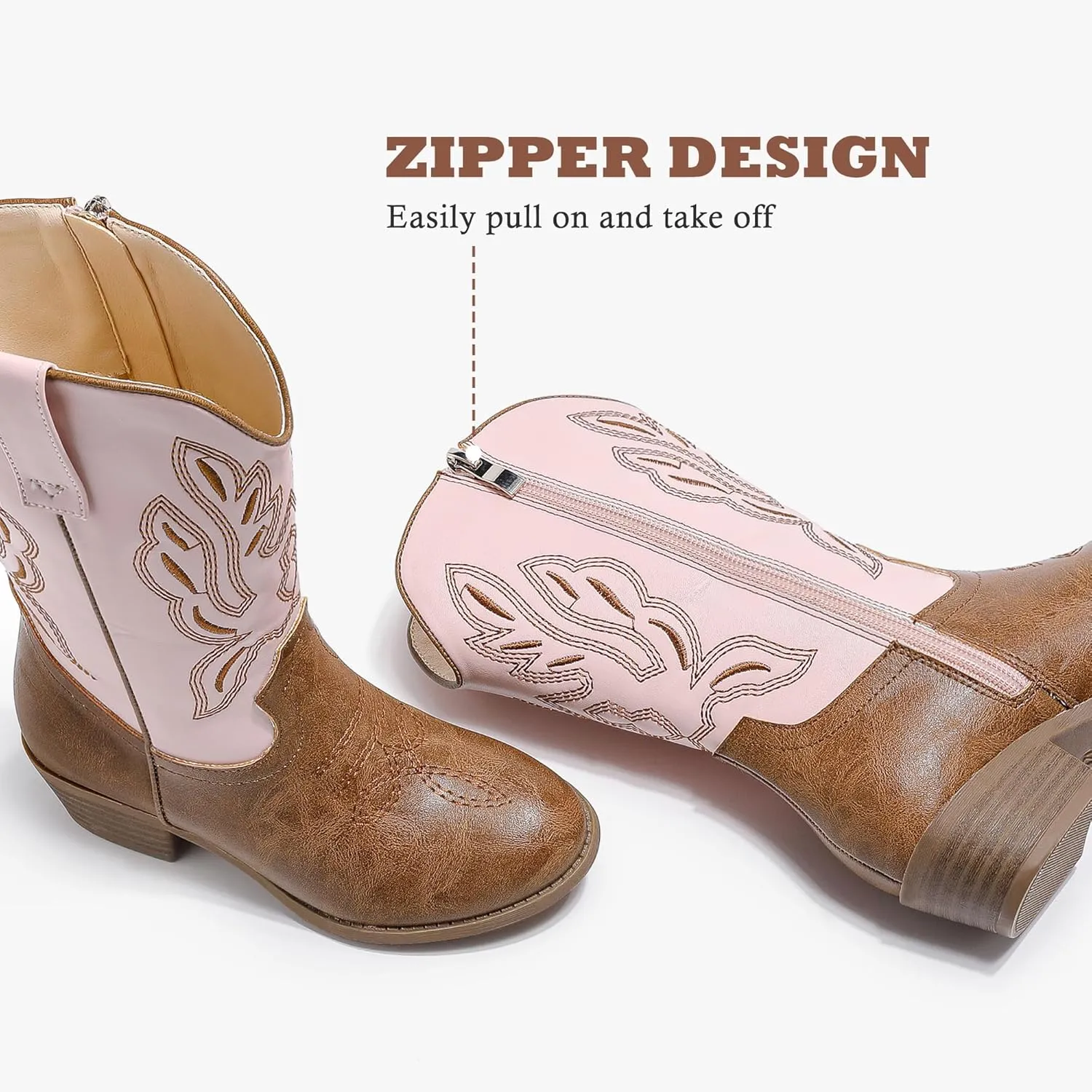 Cowgirl Boots for Little Girls Mid Calf Pointed Toe Kid Cowboy Boots Side Zipper Classic Embroidered Western Boots Horse Riding Shoes Party for Toddler Little Big Kids