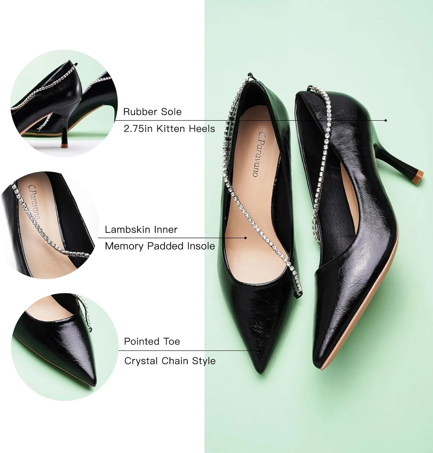 C.Paravano Crystal Chain Pointed Toe Flats Comfortable Party Dressy Shoes for Women Designer Shoes Women's Flats