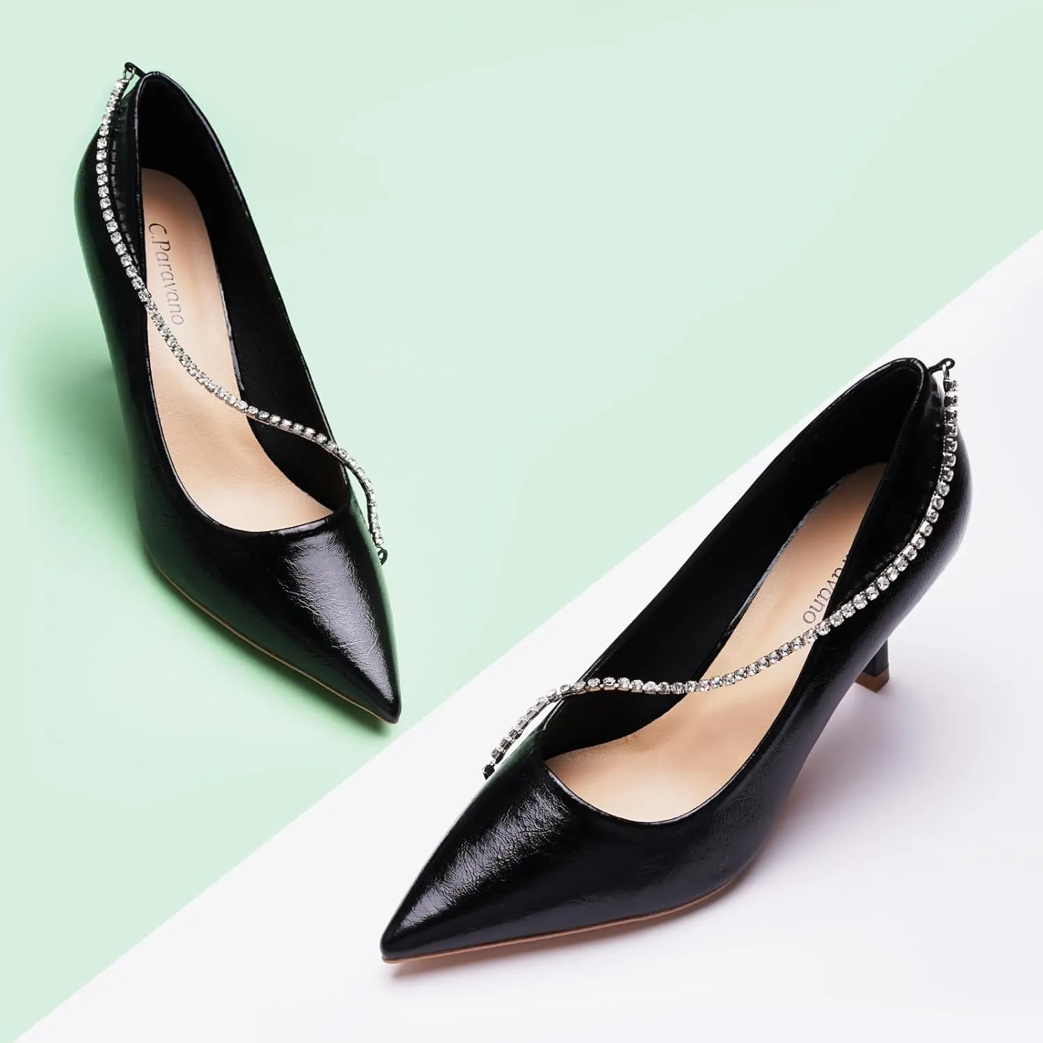 C.Paravano Crystal Chain Pointed Toe Flats Comfortable Party Dressy Shoes for Women Designer Shoes Women's Flats