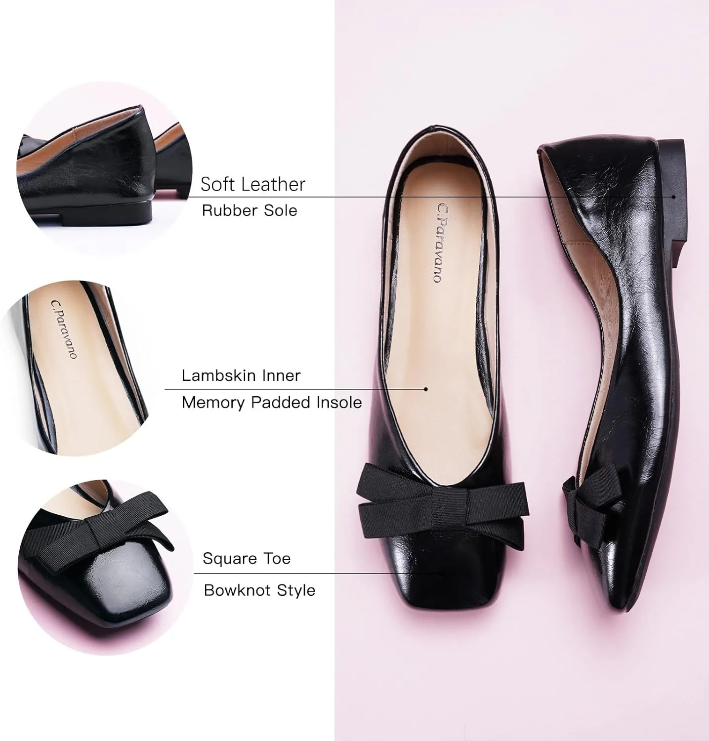 C.Paravano Women's Flats with Bowknot | Comfortable Square Toe Ballet Flats | Casual Slip On Flat Shoes | Women Dress Shoes for Walking Wedding Work Office