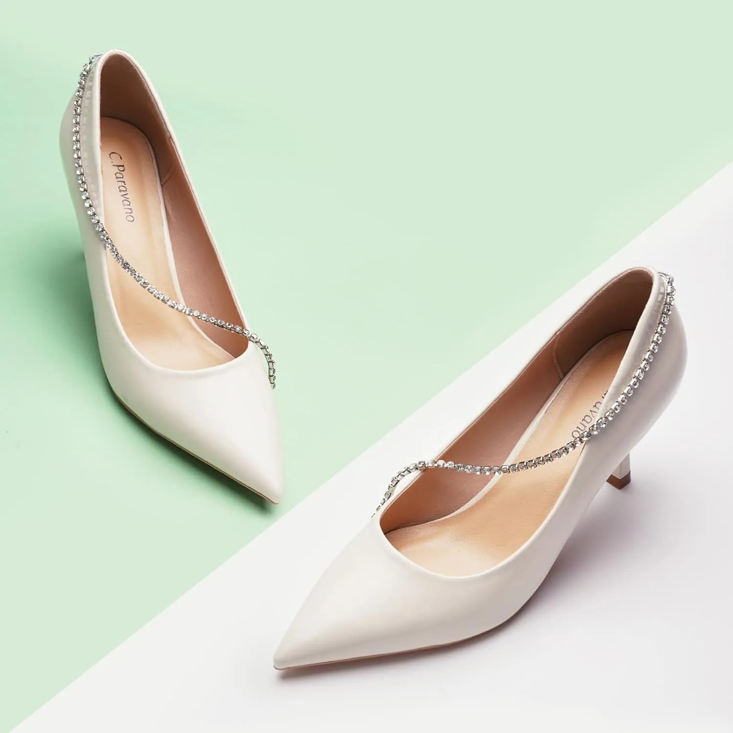 C.Paravano Women's Pumps | Crystal Chain Heels | Pointed Toe Kitten Heel | Comfortable Dress Shoes | Elegant Party Wedding Designer Shoes