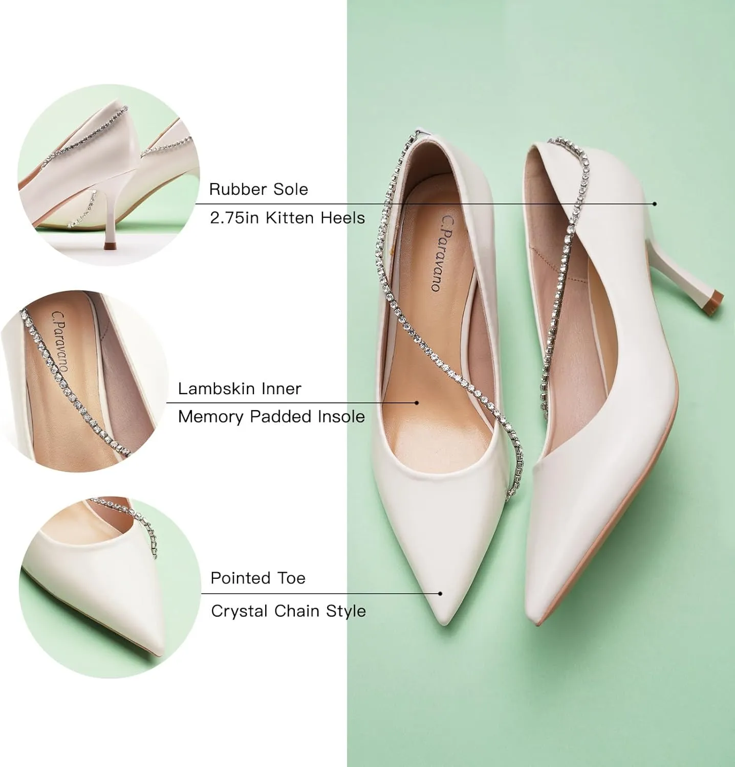 C.Paravano Women's Pumps | Crystal Chain Heels | Pointed Toe Kitten Heel | Comfortable Dress Shoes | Elegant Party Wedding Designer Shoes