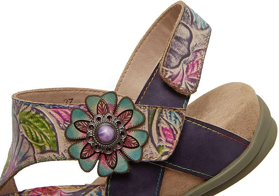 CrazycatZ Leather Sandals,Women Leather Bohemian Colorful Floral Leather Sandals