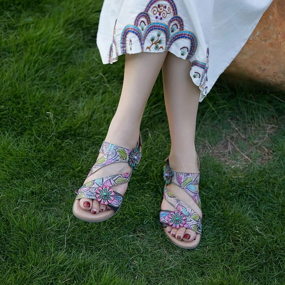 CrazycatZ Leather Sandals,Women Leather Bohemian Colorful Floral Leather Sandals