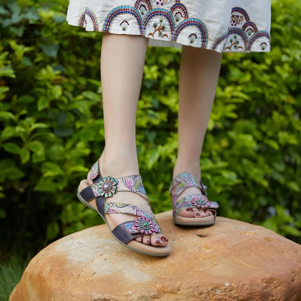 CrazycatZ Leather Sandals,Women Leather Bohemian Colorful Floral Leather Sandals