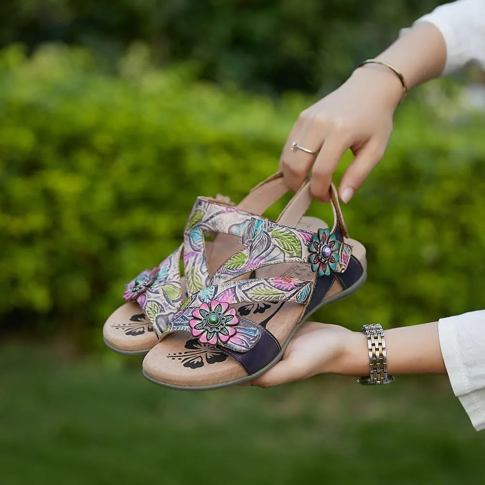 CrazycatZ Leather Sandals,Women Leather Bohemian Colorful Floral Leather Sandals