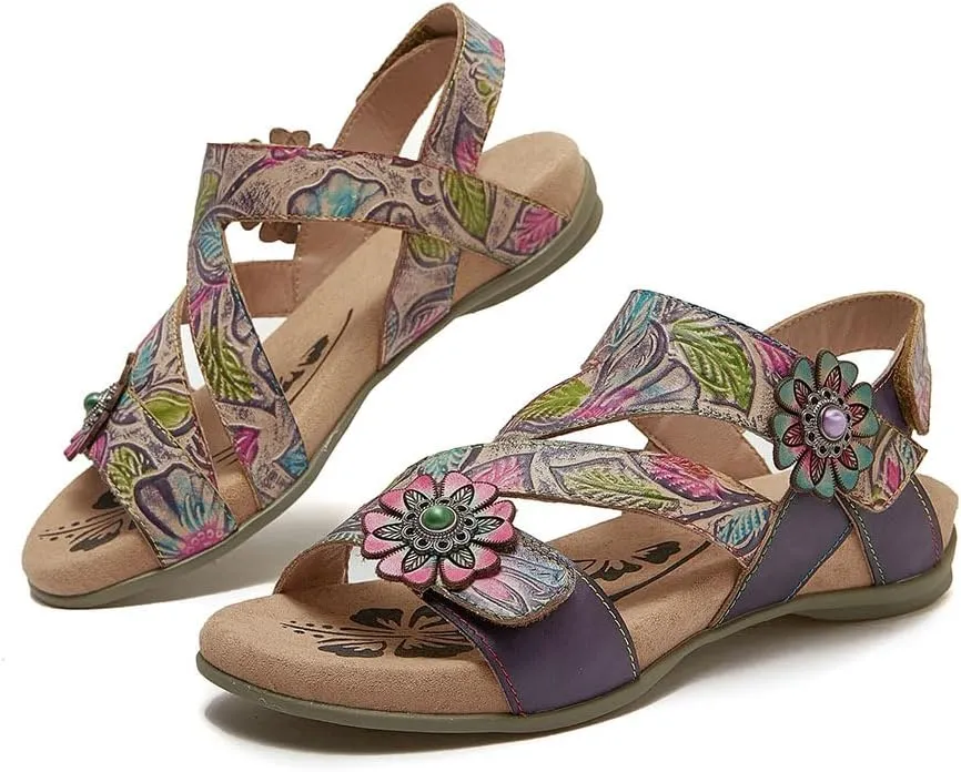 CrazycatZ Leather Sandals,Women Leather Bohemian Colorful Floral Leather Sandals