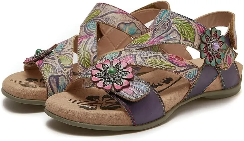 CrazycatZ Leather Sandals,Women Leather Bohemian Colorful Floral Leather Sandals