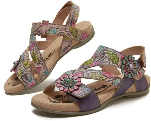 CrazycatZ Leather Sandals,Women Leather Bohemian Colorful Floral Leather Sandals