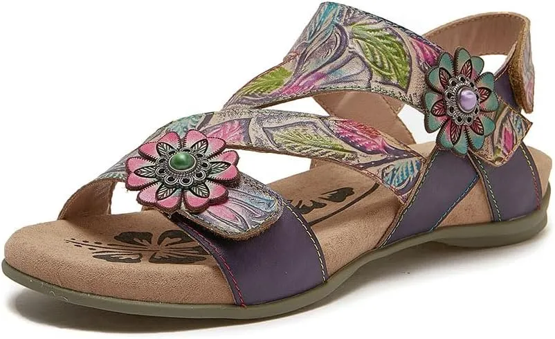 CrazycatZ Leather Sandals,Women Leather Bohemian Colorful Floral Leather Sandals