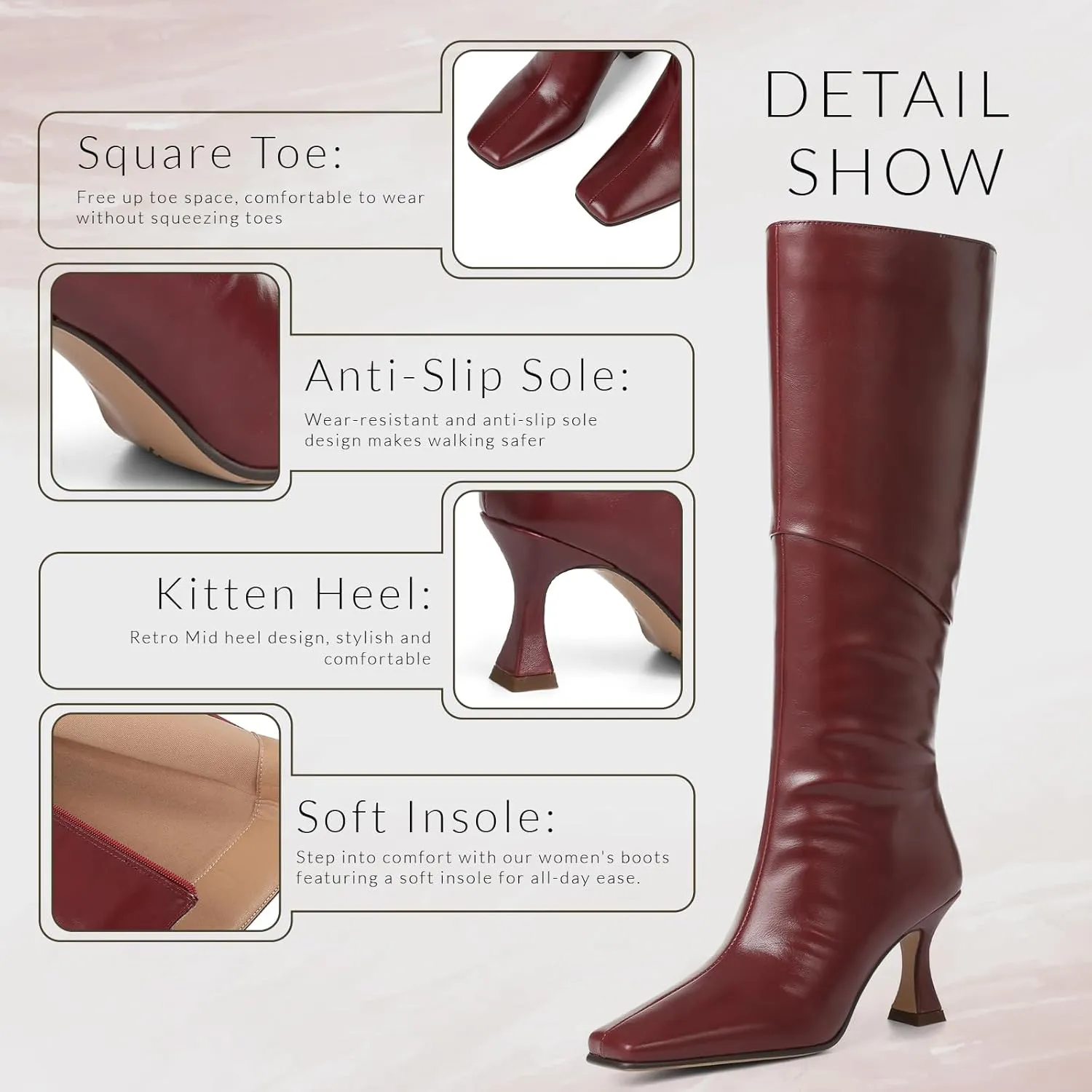 CYNLLIO Knee High Boots Women Square Toe Kitten High Heel Tall Boots Fashion Side Zipper Stiletto Heel Long Boots
