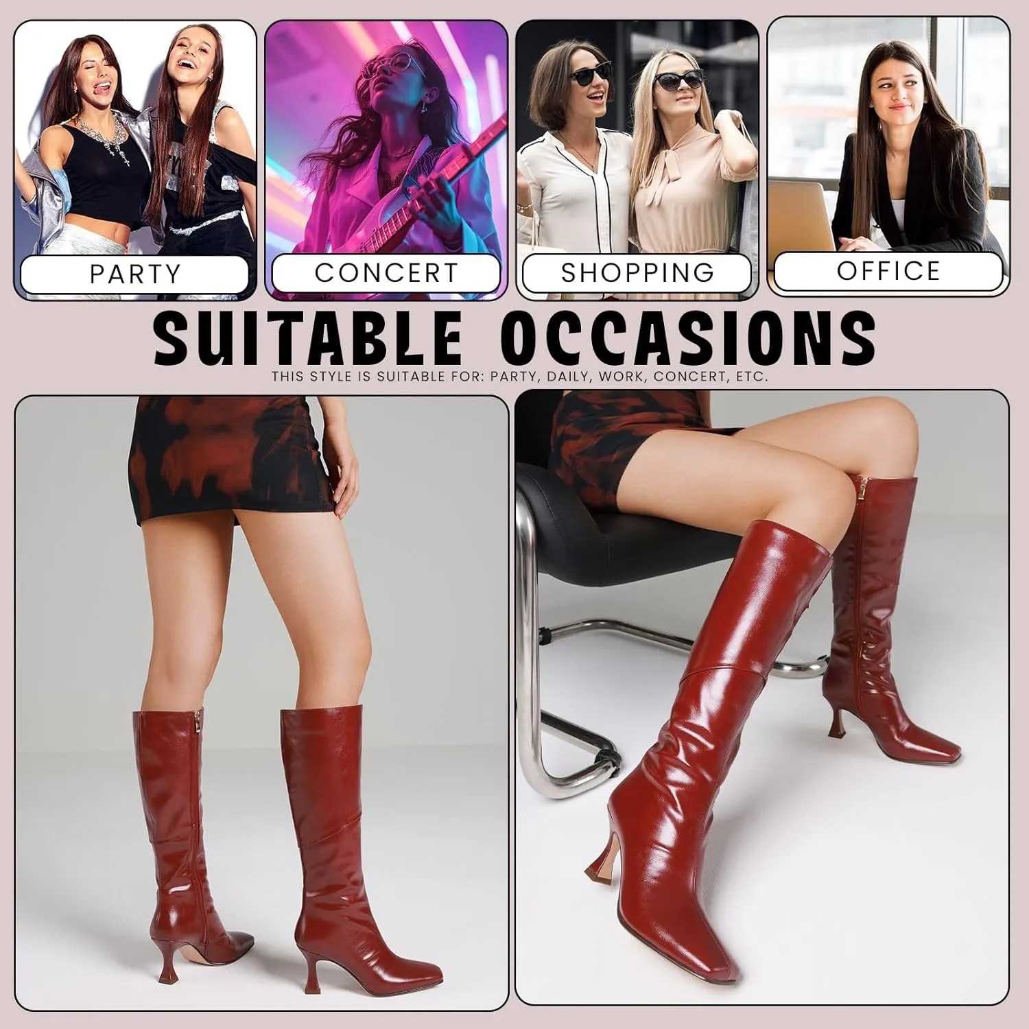 CYNLLIO Knee High Boots Women Square Toe Kitten High Heel Tall Boots Fashion Side Zipper Stiletto Heel Long Boots