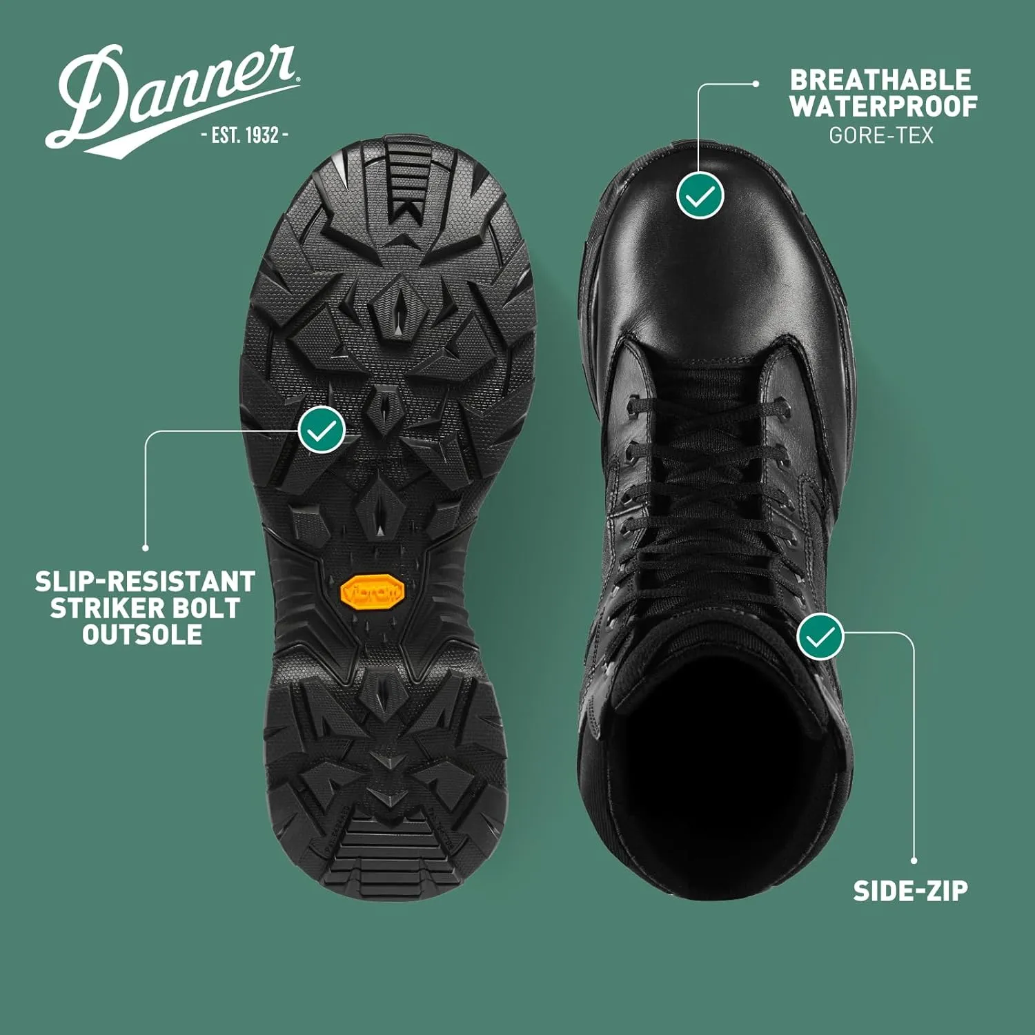 Danner Striker Bolt Side-Zip Waterproof Black Tactical Boots for Men - Lightweight, PU-Coated Polishable Leather & Nylon with Slip-Resistant Outsole