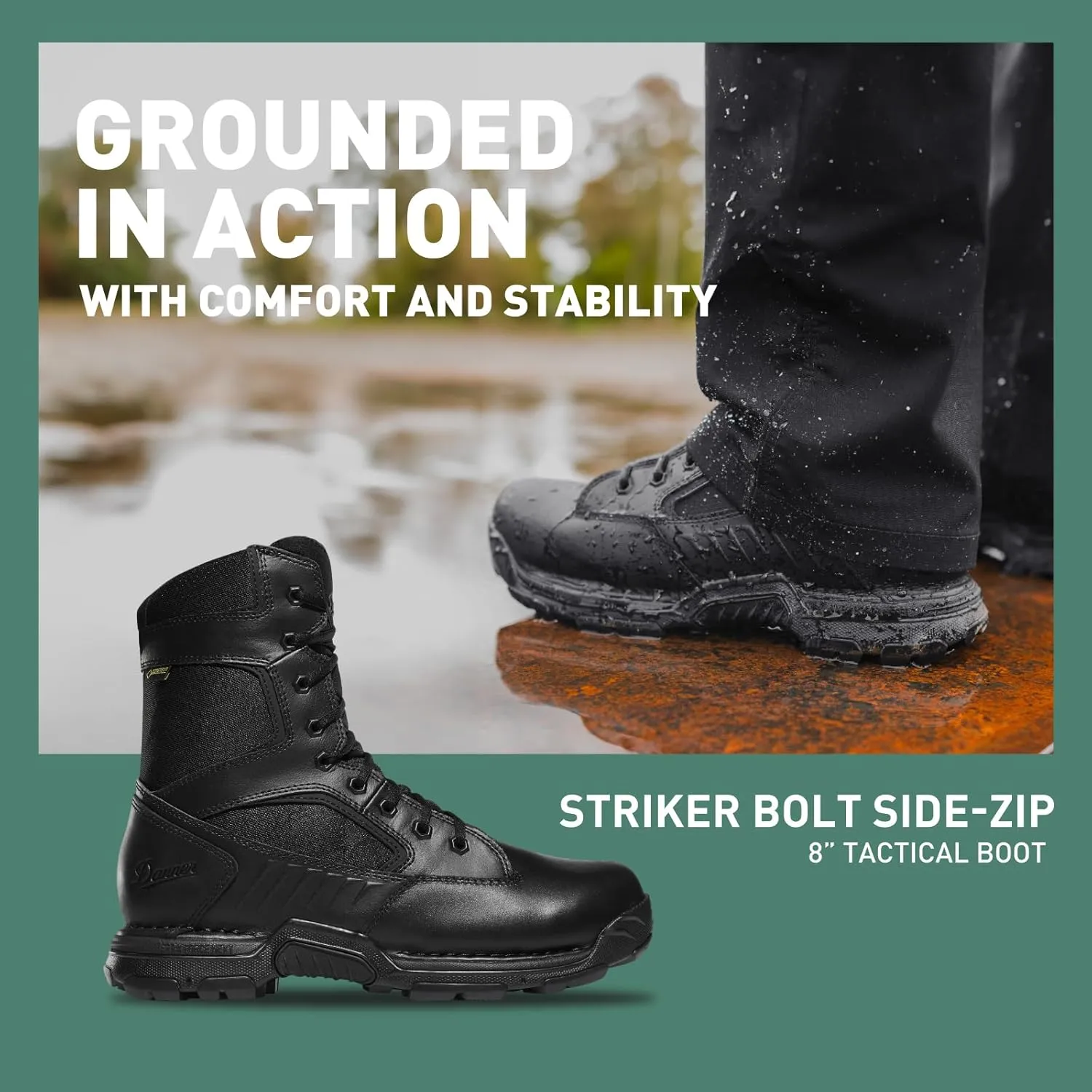 Danner Striker Bolt Side-Zip Waterproof Black Tactical Boots for Men - Lightweight, PU-Coated Polishable Leather & Nylon with Slip-Resistant Outsole