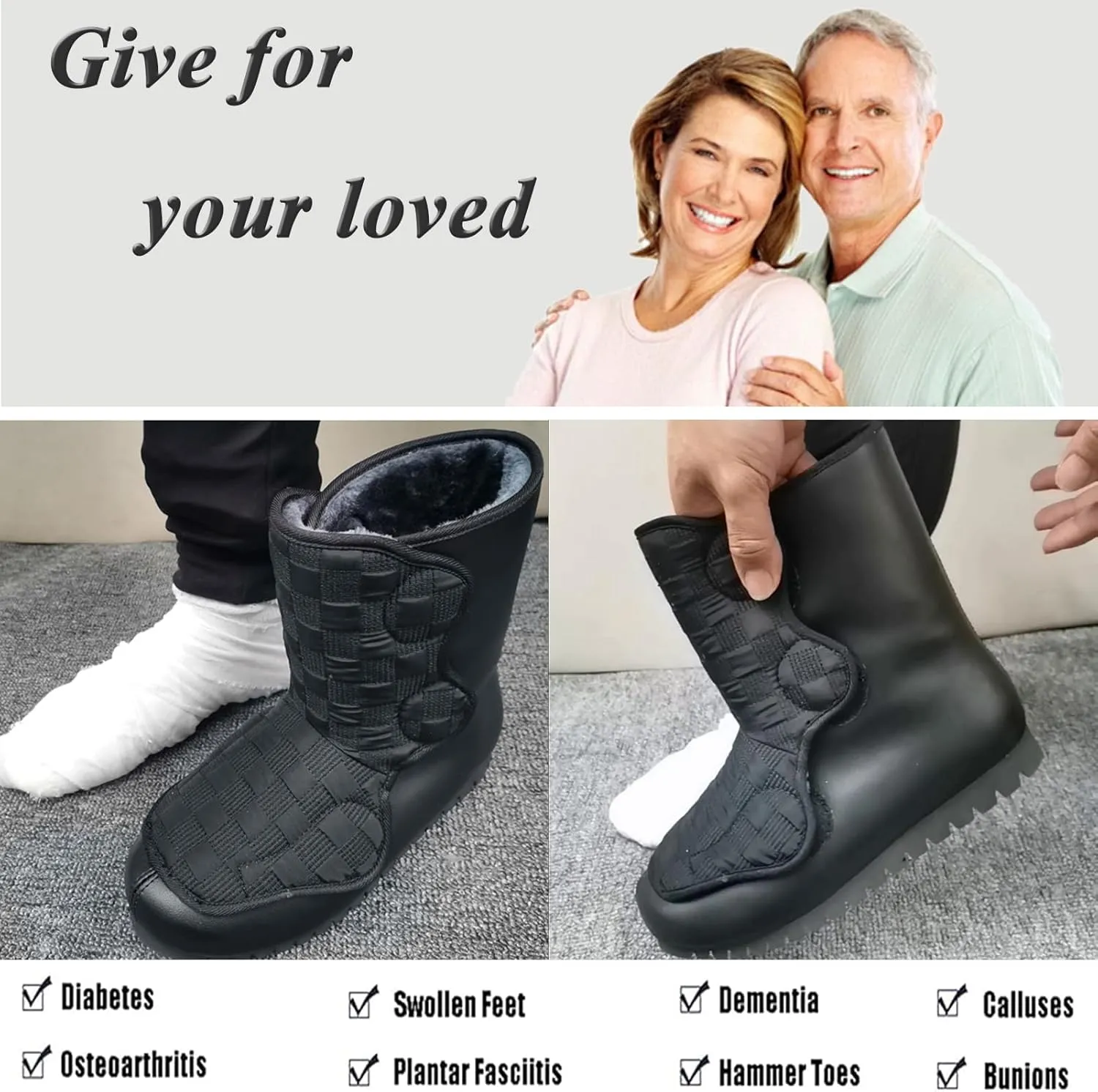 Diabetic Winter Boots for Men Women Extra Wide Slip on Adjustable Walking Shoes with Warm Comfortable Plush Lining Winter Boots for Edema Feet