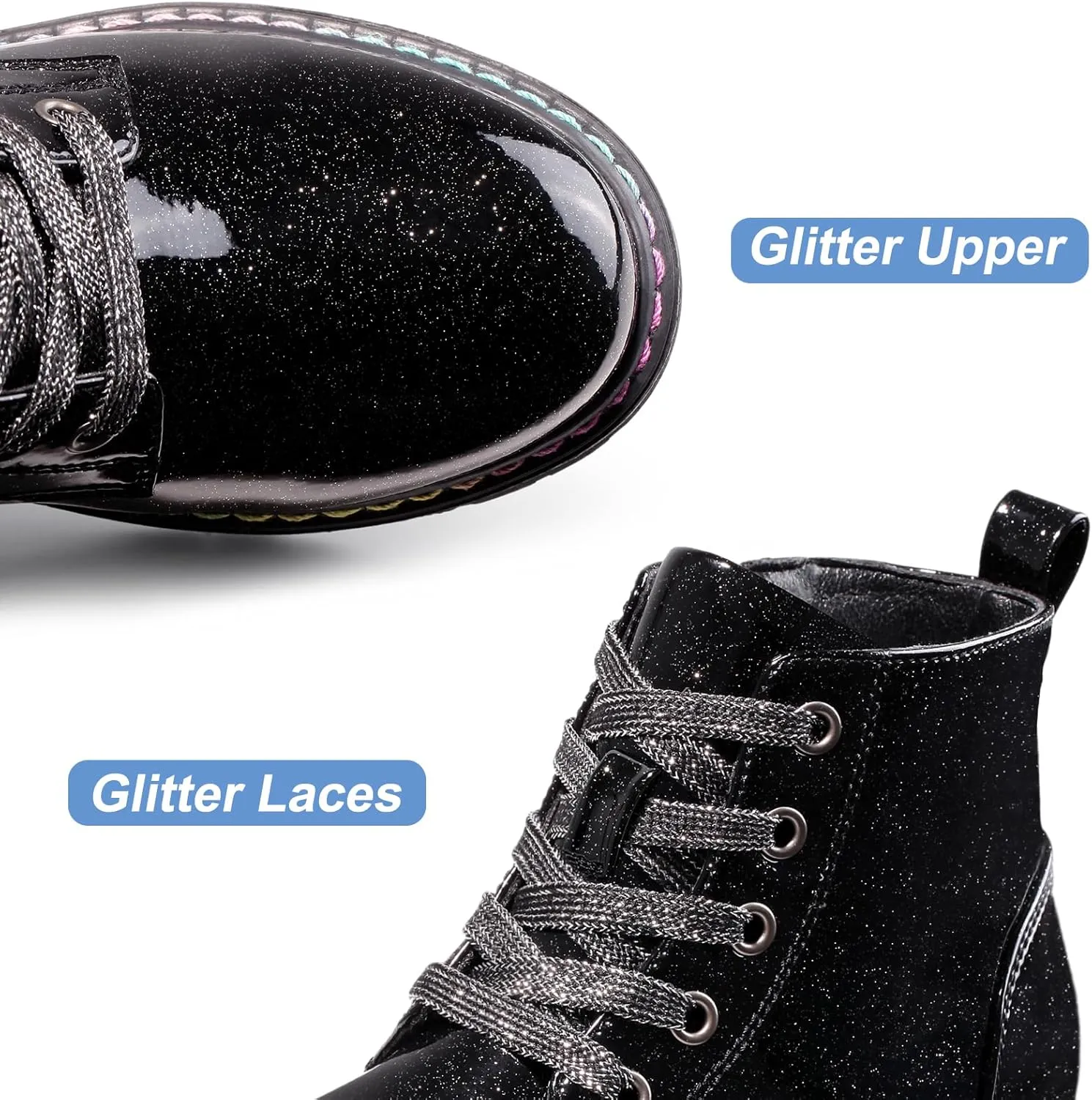 Dodow Girls Ankle Boots Glitter Combat Booties Zipper Lace Up Winter Dress Boots for Little Kid Big Kid