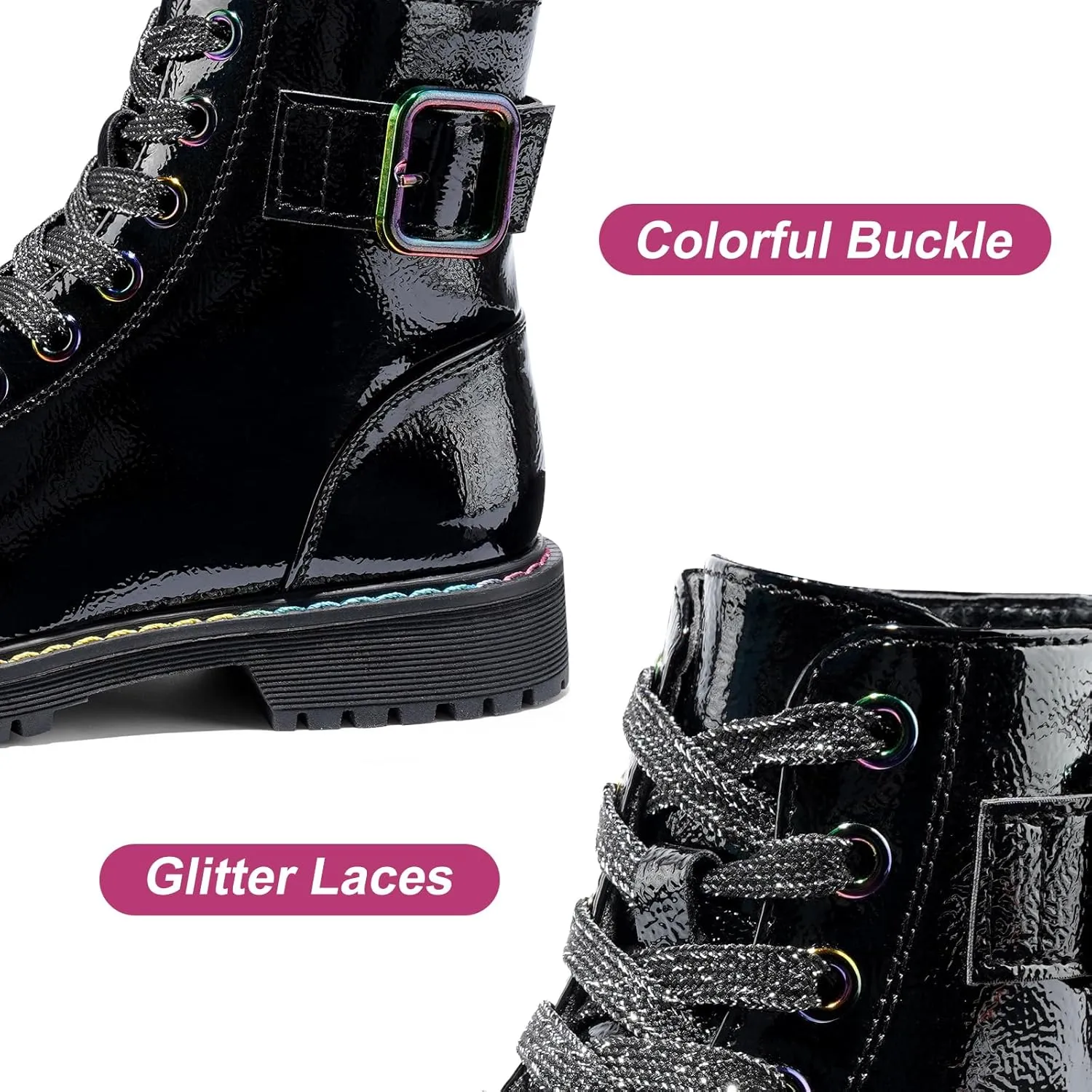 Dodow Girls Ankle Boots Glitter Combat Booties Zipper Lace Up Winter Dress Boots for Little Kid Big Kid