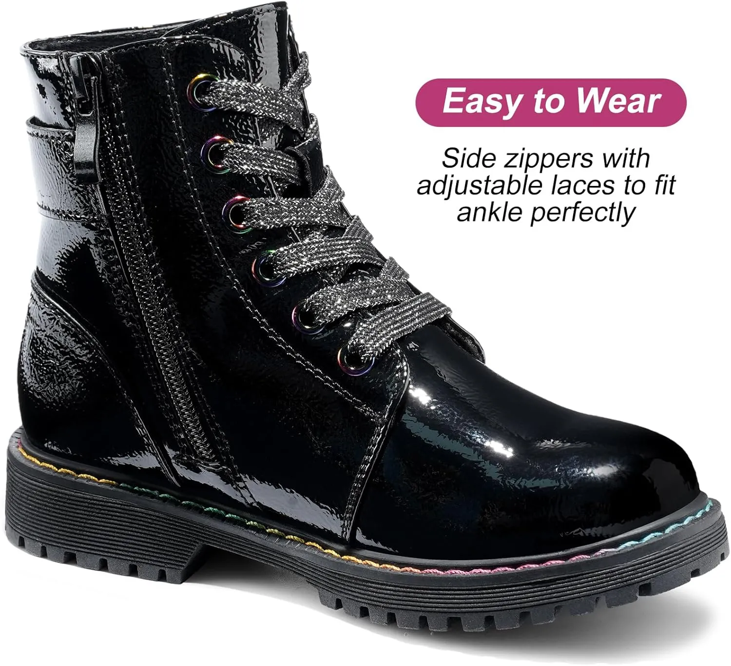 Dodow Girls Ankle Boots Glitter Combat Booties Zipper Lace Up Winter Dress Boots for Little Kid Big Kid