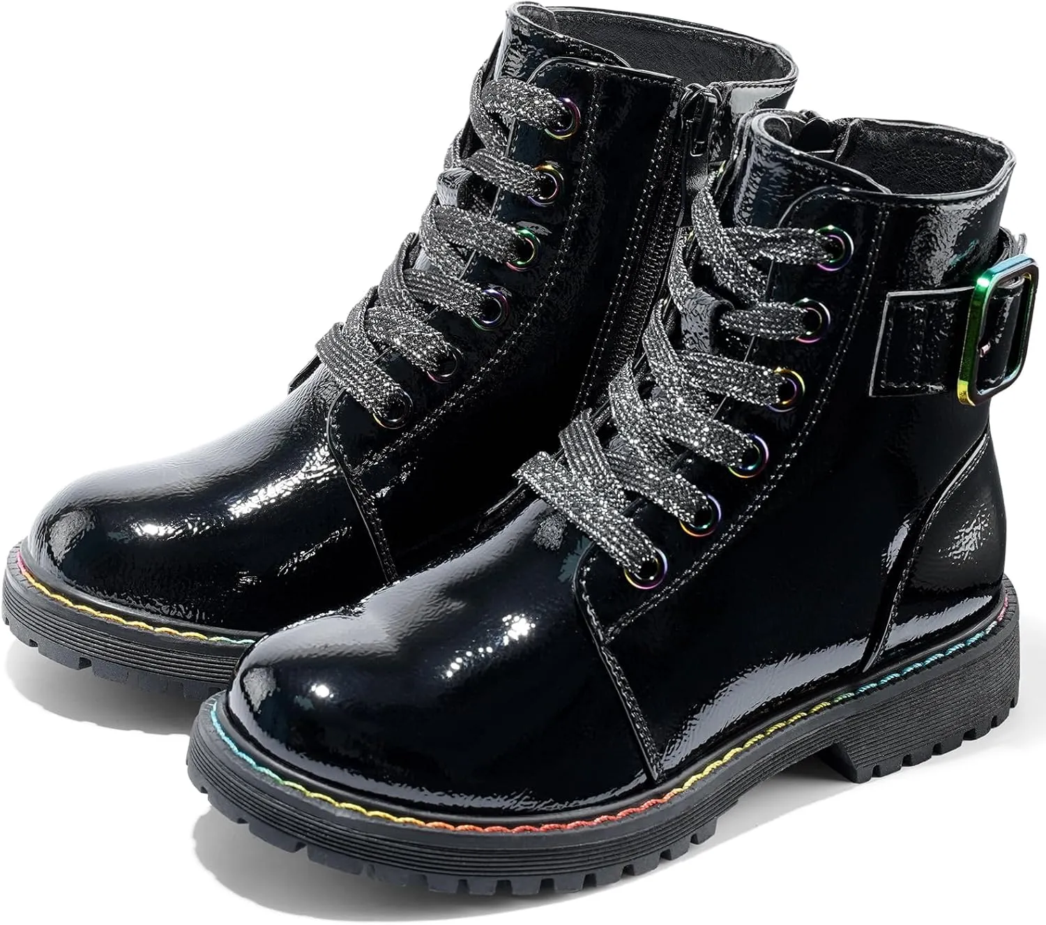 Dodow Girls Ankle Boots Glitter Combat Booties Zipper Lace Up Winter Dress Boots for Little Kid Big Kid