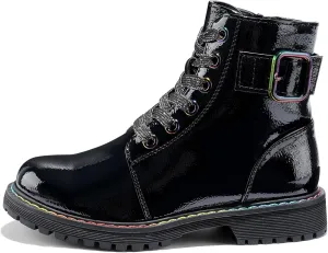 Dodow Girls Ankle Boots Glitter Combat Booties Zipper Lace Up Winter Dress Boots for Little Kid Big Kid