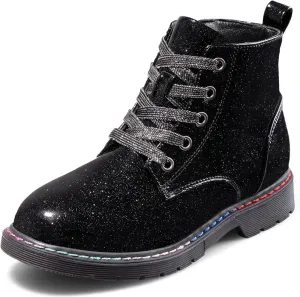 Dodow Girls Ankle Boots Glitter Combat Booties Zipper Lace Up Winter Dress Boots for Little Kid Big Kid