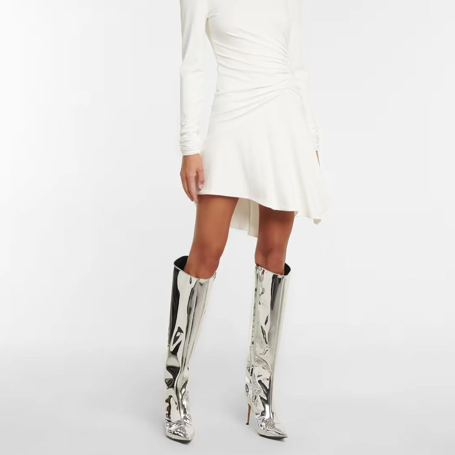 DOREENDORIS Metallic Boots for Women Pointed Toe Side Zipper Sexy Stiletto High Heel Knee High Boots