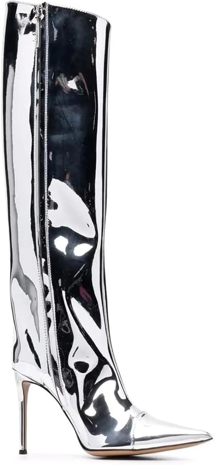 DOREENDORIS Metallic Boots for Women Pointed Toe Side Zipper Sexy Stiletto High Heel Knee High Boots