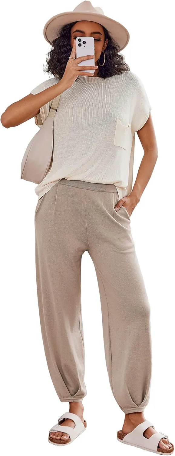 Ekouaer Two Piece Outfits Lounge Sets for Women Sweater Sets Knit Short Sleeve Tops Jogger Pants Matching Tracksuit