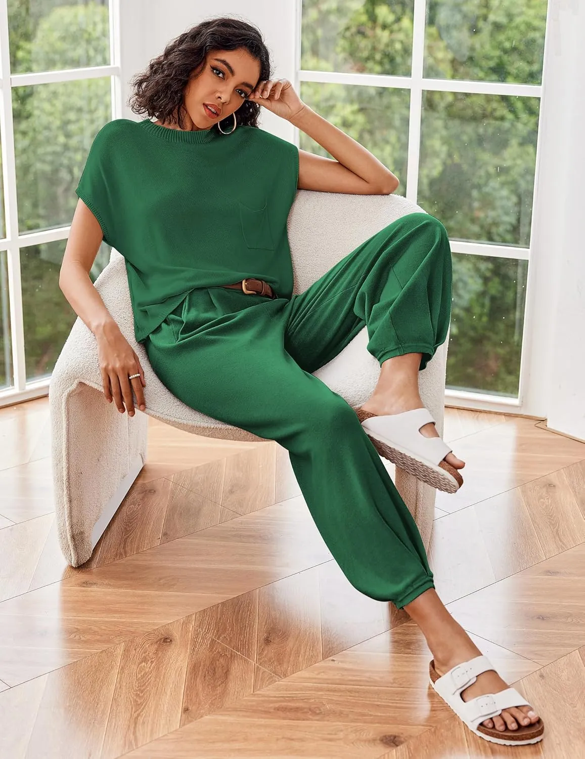 Ekouaer Two Piece Outfits Lounge Sets for Women Sweater Sets Knit Short Sleeve Tops Jogger Pants Matching Tracksuit
