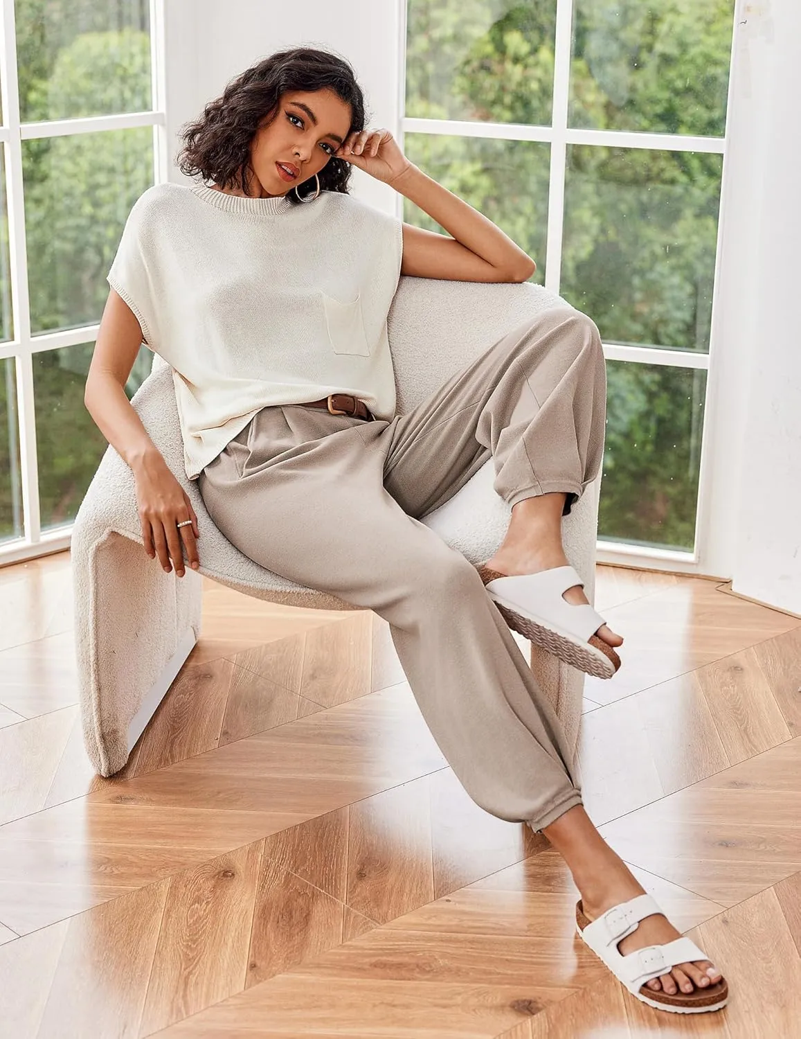 Ekouaer Two Piece Outfits Lounge Sets for Women Sweater Sets Knit Short Sleeve Tops Jogger Pants Matching Tracksuit