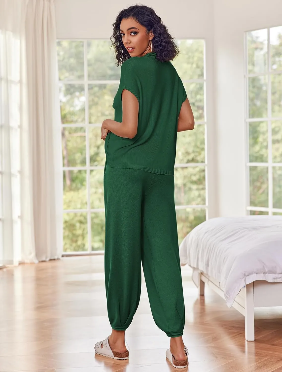Ekouaer Two Piece Outfits Lounge Sets for Women Sweater Sets Knit Short Sleeve Tops Jogger Pants Matching Tracksuit