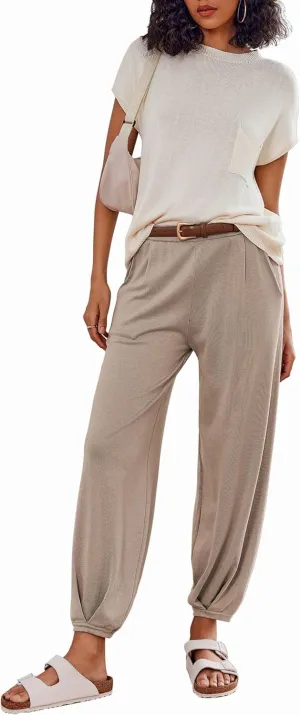 Ekouaer Two Piece Outfits Lounge Sets for Women Sweater Sets Knit Short Sleeve Tops Jogger Pants Matching Tracksuit