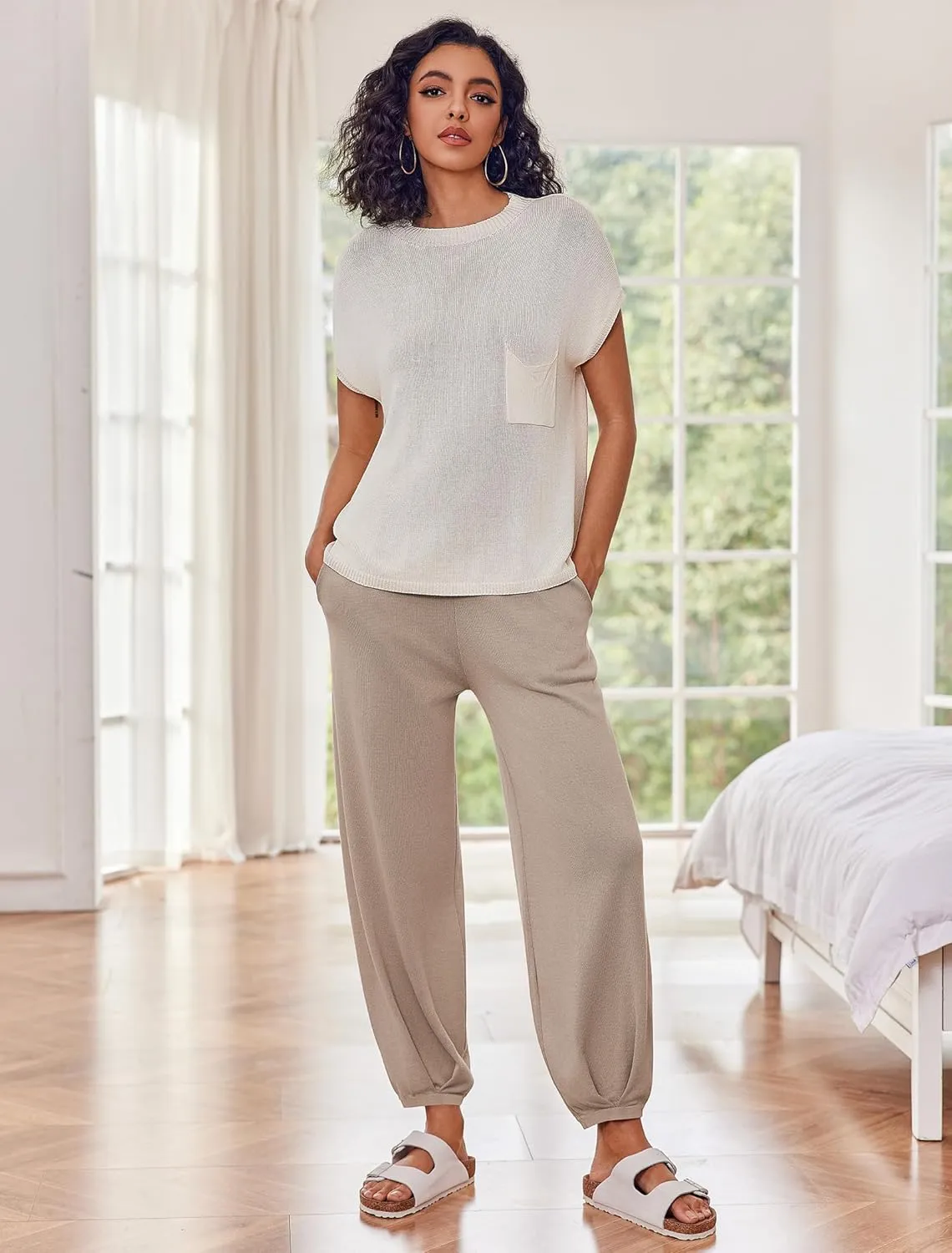 Ekouaer Two Piece Outfits Lounge Sets for Women Sweater Sets Knit Short Sleeve Tops Jogger Pants Matching Tracksuit