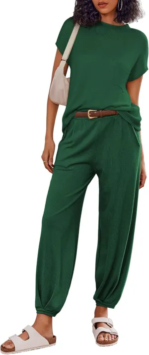 Ekouaer Two Piece Outfits Lounge Sets for Women Sweater Sets Knit Short Sleeve Tops Jogger Pants Matching Tracksuit