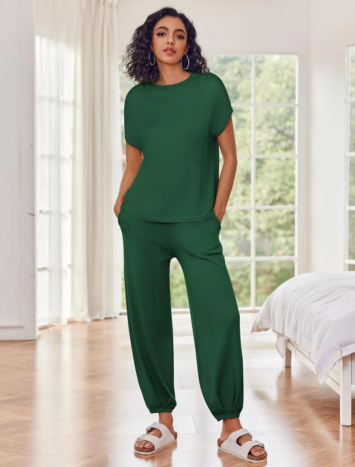 Ekouaer Two Piece Outfits Lounge Sets for Women Sweater Sets Knit Short Sleeve Tops Jogger Pants Matching Tracksuit