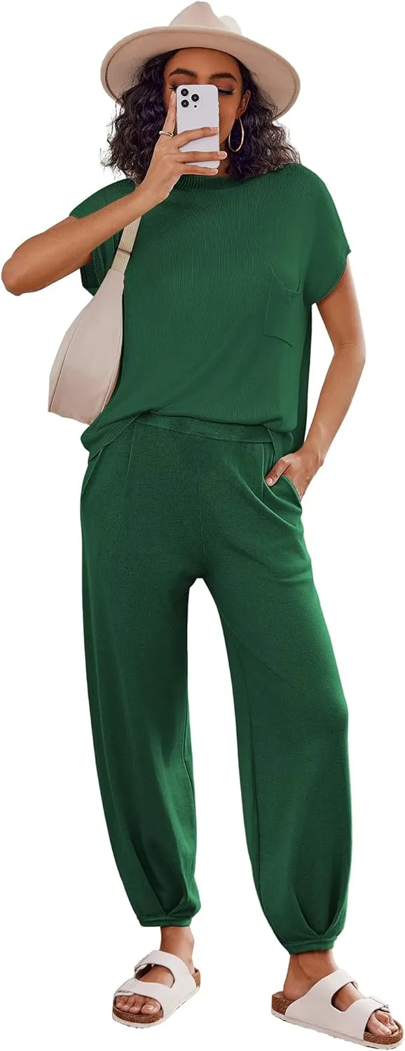 Ekouaer Two Piece Outfits Lounge Sets for Women Sweater Sets Knit Short Sleeve Tops Jogger Pants Matching Tracksuit
