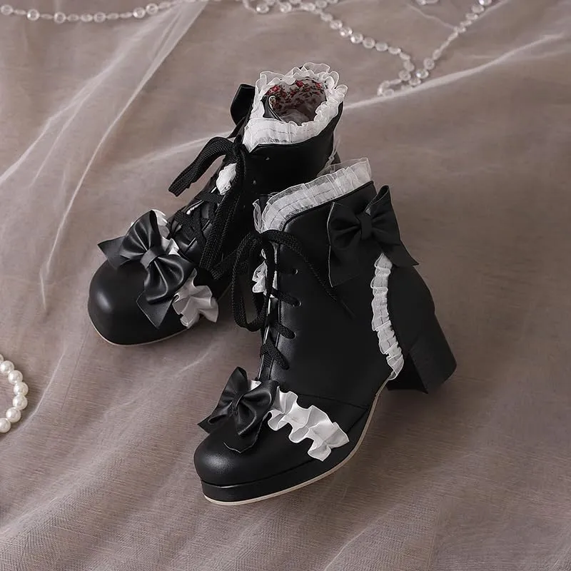 Elbslutt Women Goth Platform Boots Kawaii Lolita Chunky Heel Ankle Boots Bow Lace Up Ankle Boots Cute Sweet Cosplay Booties Punk Shoes