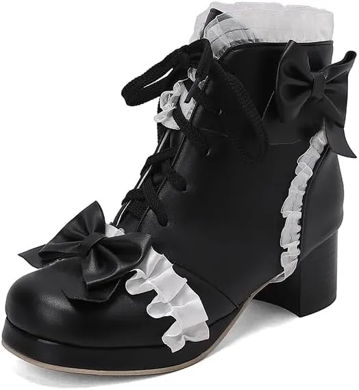 Elbslutt Women Goth Platform Boots Kawaii Lolita Chunky Heel Ankle Boots Bow Lace Up Ankle Boots Cute Sweet Cosplay Booties Punk Shoes