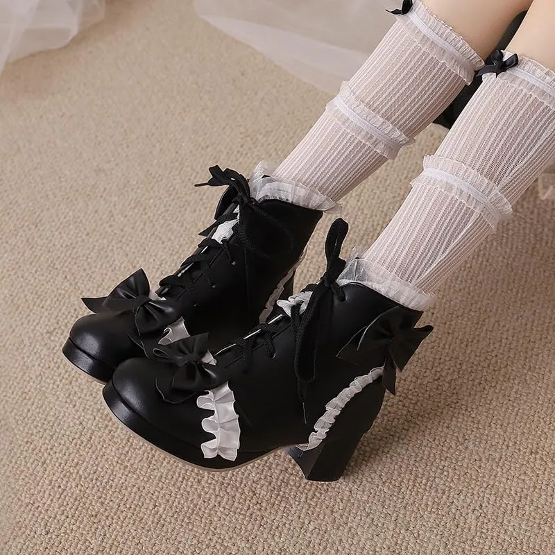 Elbslutt Women Goth Platform Boots Kawaii Lolita Chunky Heel Ankle Boots Bow Lace Up Ankle Boots Cute Sweet Cosplay Booties Punk Shoes