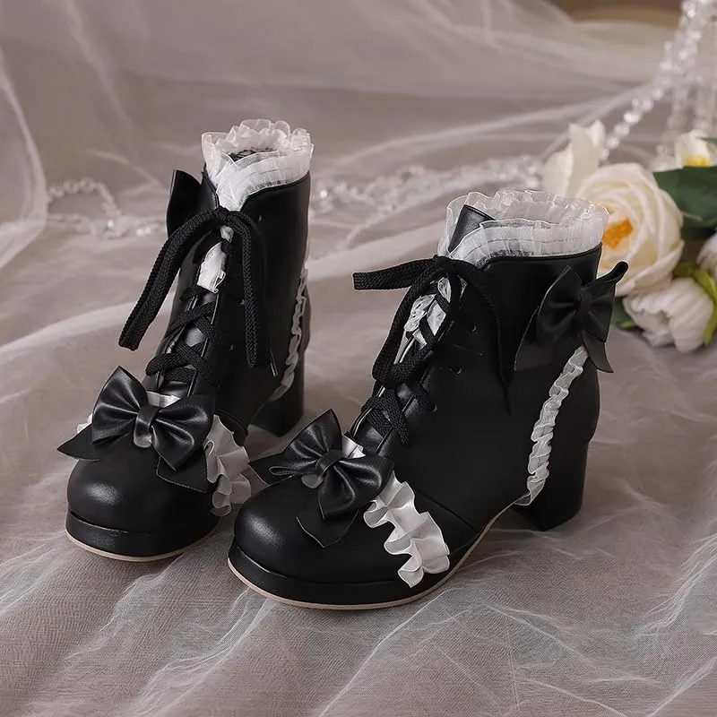 Elbslutt Women Goth Platform Boots Kawaii Lolita Chunky Heel Ankle Boots Bow Lace Up Ankle Boots Cute Sweet Cosplay Booties Punk Shoes