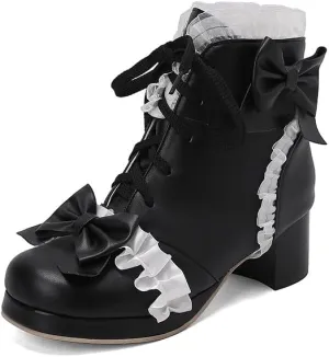 Elbslutt Women Goth Platform Boots Kawaii Lolita Chunky Heel Ankle Boots Bow Lace Up Ankle Boots Cute Sweet Cosplay Booties Punk Shoes