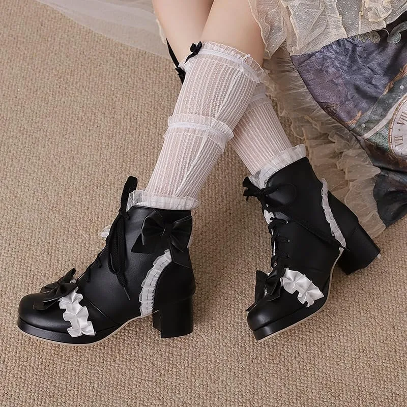 Elbslutt Women Goth Platform Boots Kawaii Lolita Chunky Heel Ankle Boots Bow Lace Up Ankle Boots Cute Sweet Cosplay Booties Punk Shoes