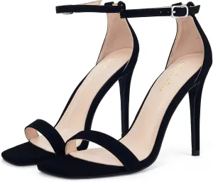 Elisabet Tang Women's Stiletto Heels Square Open Toe Ankle Strap High Heeled Sandals 4 Inch Comfort Sexy Dressy Shoes