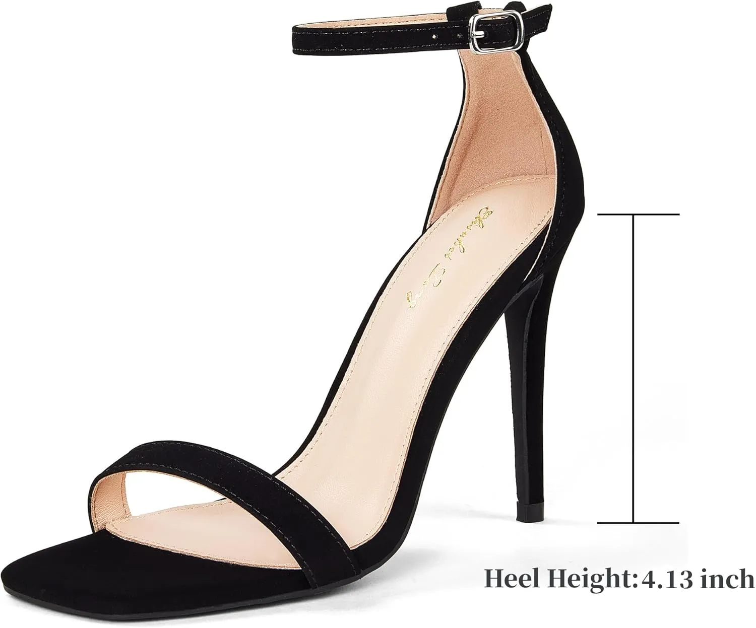 Elisabet Tang Women's Stiletto Heels Square Open Toe Ankle Strap High Heeled Sandals 4 Inch Comfort Sexy Dressy Shoes