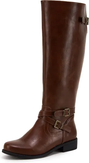 Ermonn Womens Knee High Boots Wide Calf Flat Low Heel Side Zipper Faux Leather Fashion Winter Riding Boot