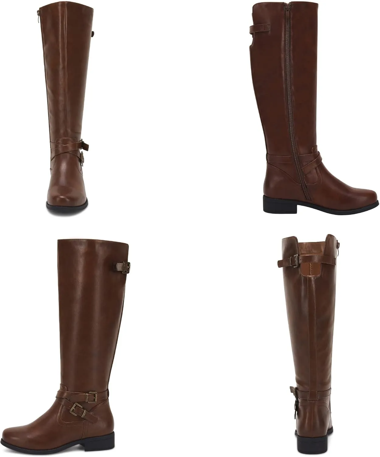 Ermonn Womens Knee High Boots Wide Calf Flat Low Heel Side Zipper Faux Leather Fashion Winter Riding Boot