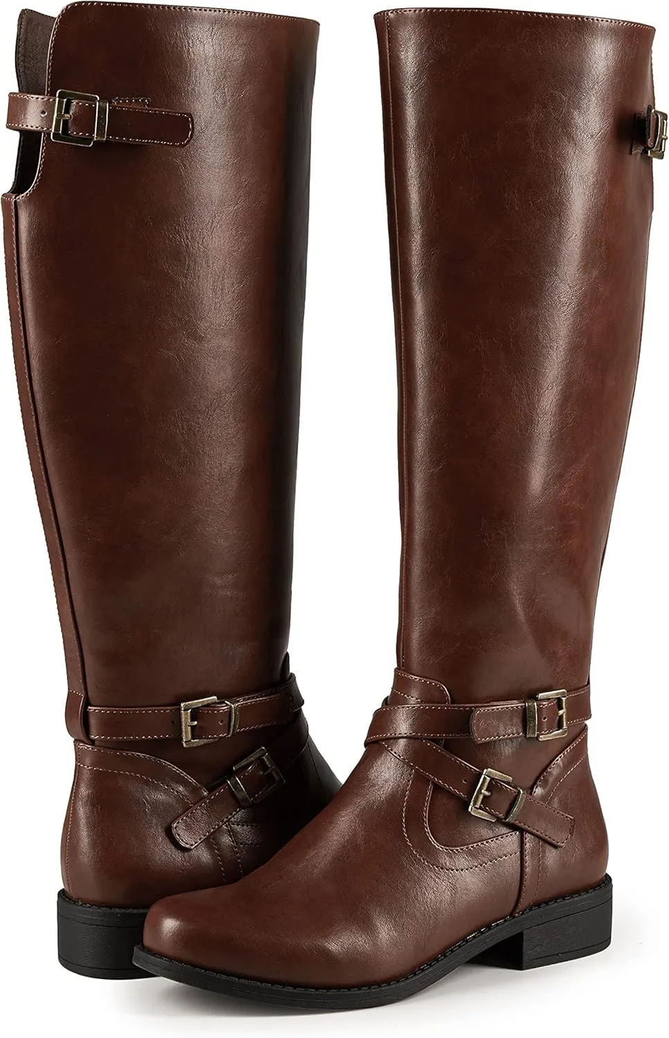Ermonn Womens Knee High Boots Wide Calf Flat Low Heel Side Zipper Faux Leather Fashion Winter Riding Boot