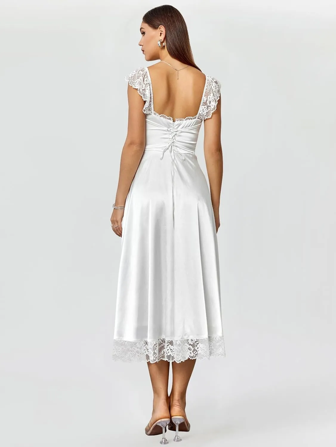 EYNMIN Lace Strap Chiffon Dresses for Women Casaul Flowy A Line Midi Tea Party Dress