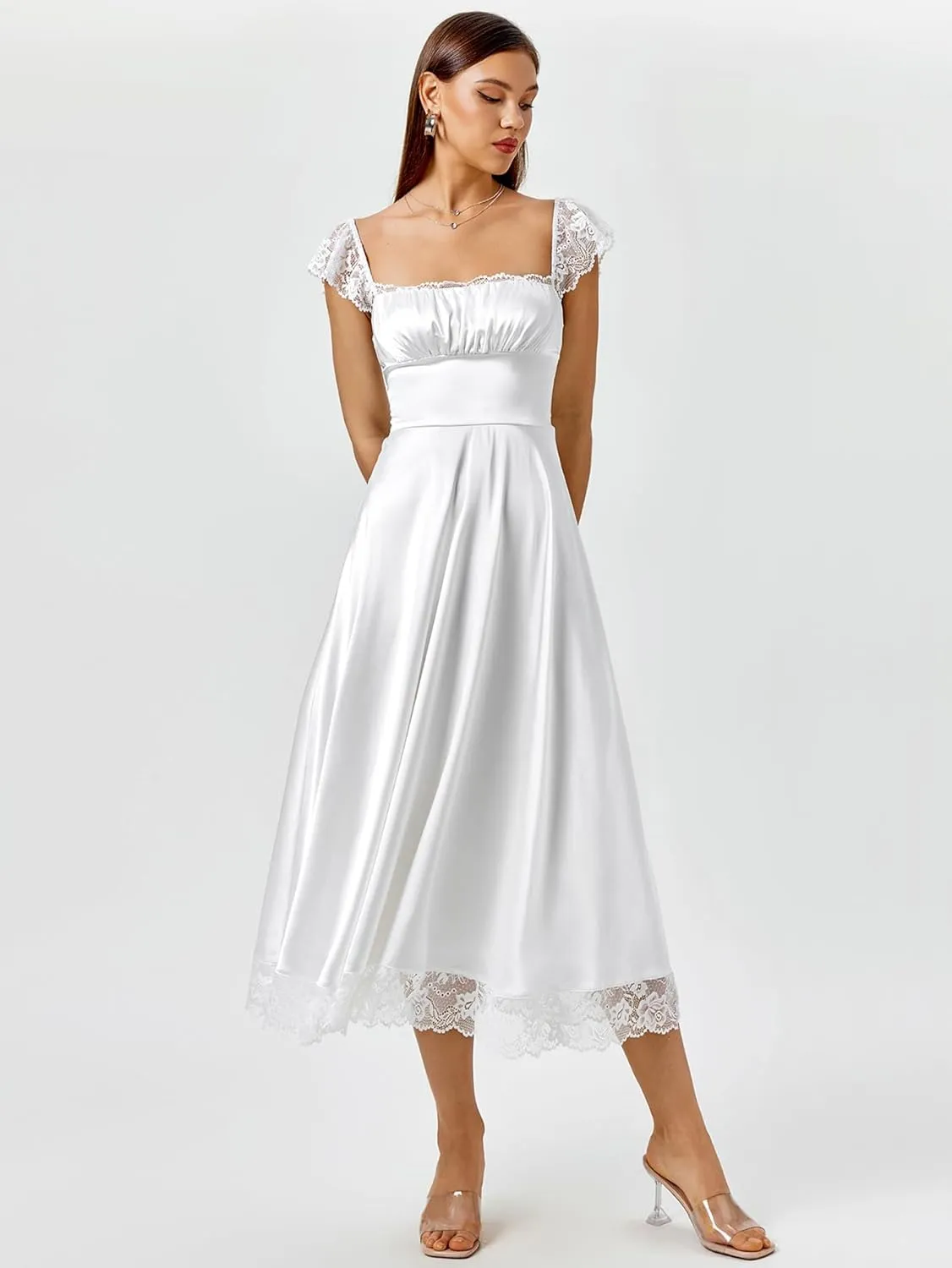 EYNMIN Lace Strap Chiffon Dresses for Women Casaul Flowy A Line Midi Tea Party Dress