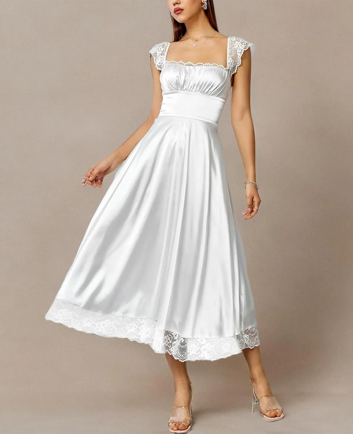 EYNMIN Lace Strap Chiffon Dresses for Women Casaul Flowy A Line Midi Tea Party Dress